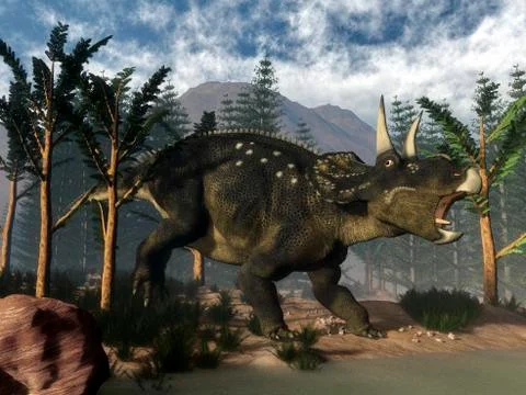 Nedoceratops roaring while among onychiopsis trees. Stock Illustration