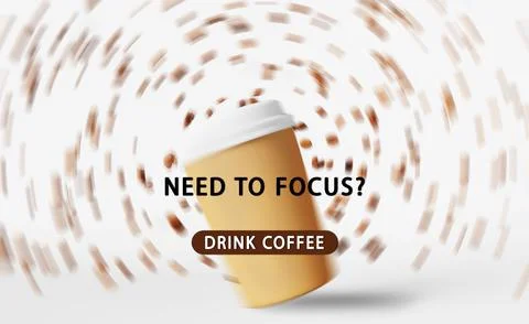 Need to focus - Drink coffee Floating latte cup flying beans 3D render motion Illustrazione stock