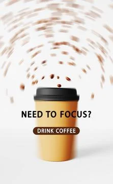 Need to focus - Drink coffee Floating latte cup flying beans 3D render motion Illustrazione stock