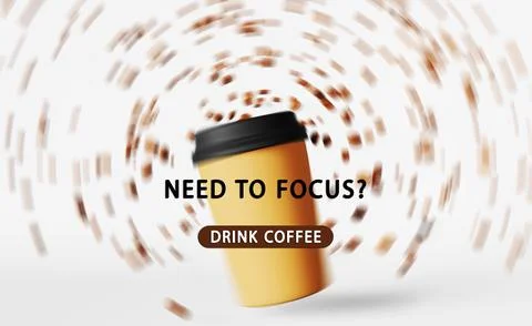 Need to focus - Drink coffee Floating latte cup flying beans 3D render motion Illustrazione stock