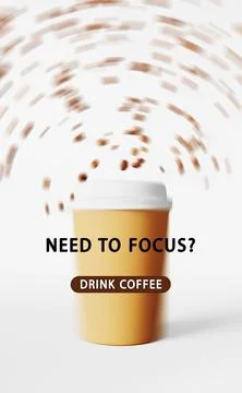 Need to focus - Drink coffee Floating latte cup flying beans 3D render motion Illustrazione stock