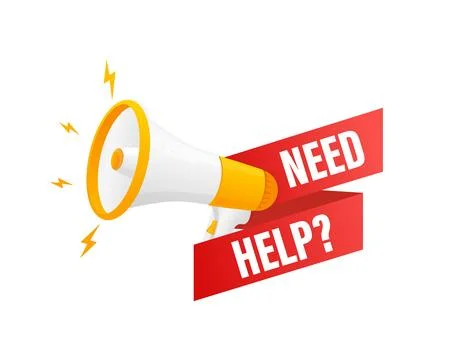 Need help question. Badge, stamp with megaphone icon. Flat vector illustration Stock Illustration