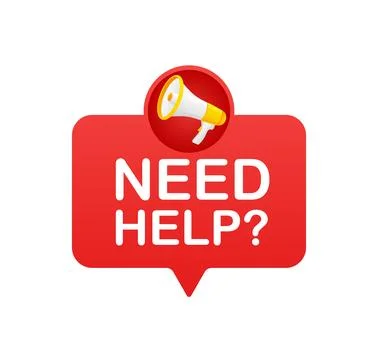 Need help question. Badge, stamp with megaphone icon. Flat vector illustration Ilustración de archivo