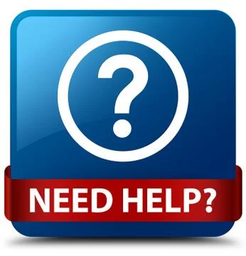 Need help (question icon) blue square button red ribbon in middle Stock Illustration