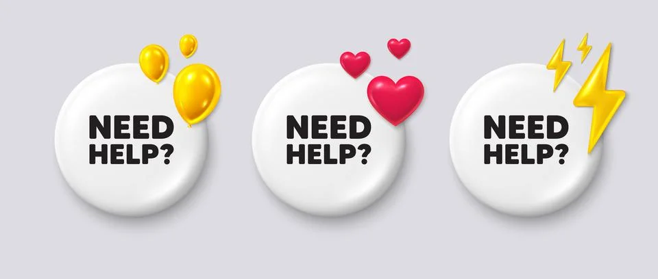 Need help symbol. Support service sign. White buttons with 3d icons. Vector Stock Illustration