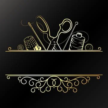 Needle and thread and sewing accessories, gold symbol with pattern Иллюстрация