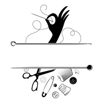 Needle and thread in hand and sewing accessories Stock Illustration