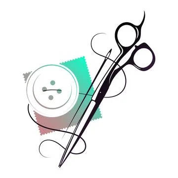 Needle and thread, scissors and a button. Design for sewing Stockillustratie