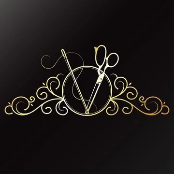 Needle and thread, scissors and pattern. Gold banner sign frame for sewing Illustrazione stock