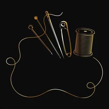 Needle and thread, scissors and spool. Golden banner for sewing cutting Stock Illustration