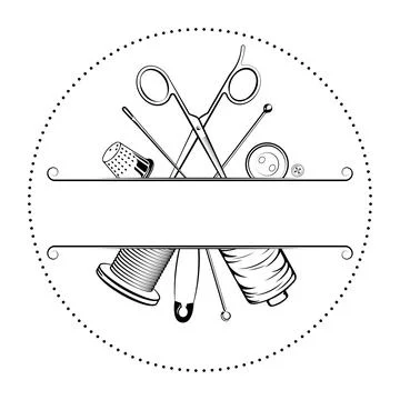 Needle and thread, scissors, sewing accessories. Symbol for sewing salon Иллюстрация