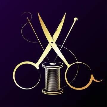 Needle and thread, scissors for sewing and cutting golden design Stockillustratie
