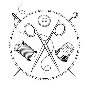 Needle and thread, scissors, thimble, spool of thread. Sewing symbols Stock Illustration