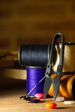 Needle and threads against plastic button. Stock Photos