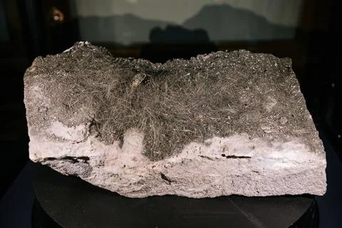 Needle like crystals on dark rock matrix. Scientific specimen showcasing natural Stock Photos