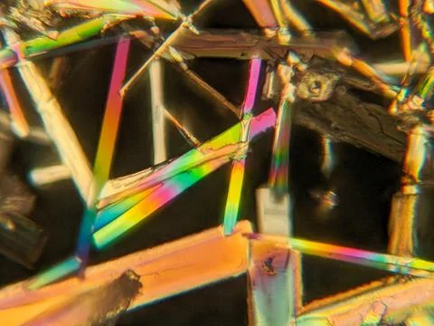Needle-like crystals under polarized microscope showing vivid birefringence Foto stock