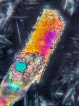 Needle-like crystals under polarized microscope showing vivid birefringence 스톡 사진