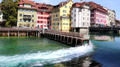 Needle dam in the Reuss river in Lucerne, Switzerland Stock Footage 202096853