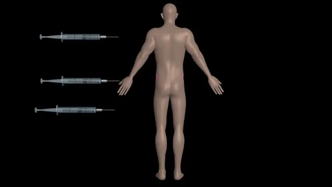 Needle injecting medication into body - Back view Stock Footage 107829132