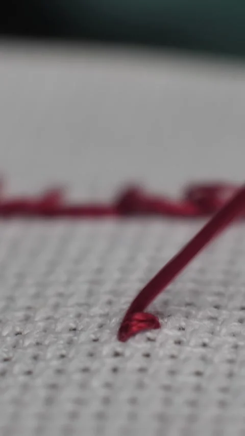 Needle piercing the fabric while cross-stitching with red thread Stock Footage 309616272