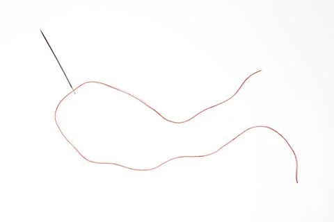 Needle with red thread on a white background Stock Photos
