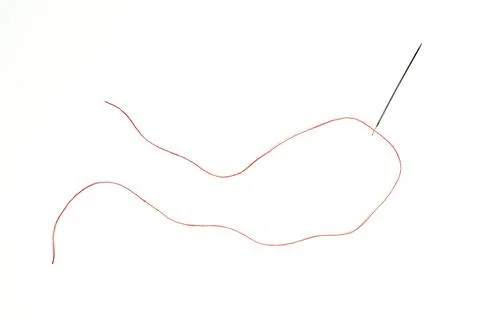 Needle with red thread on a white background Stock Photos