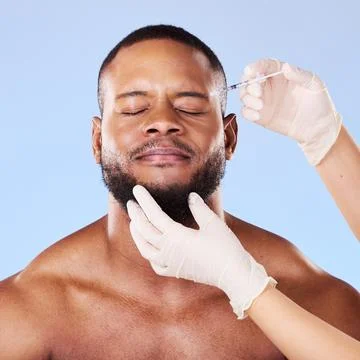 Needle, scared man and plastic surgery of skincare process, filler and aesthetic Stock Photos