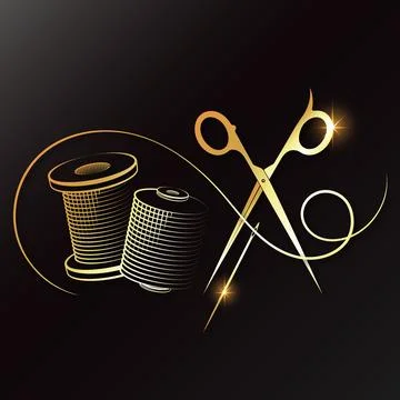Needle scissors and thread gold symbol for sewing Stock Illustration