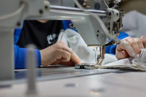 Needle of the sewing machine is in motion. Stock Photos