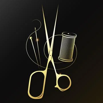 Needle spool of thread and golden scissors symbol Stock-Illustration
