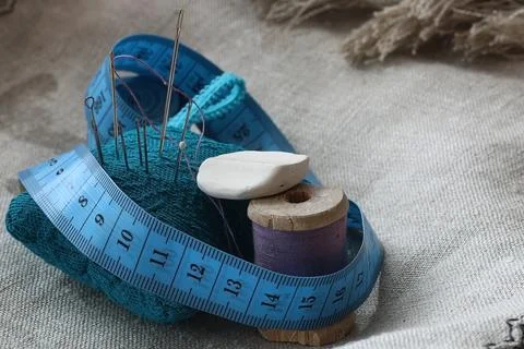 Needle thread sewing centimeter all Stock Photos