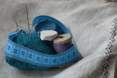 Needle thread sewing centimeter all Stock Photos