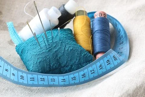 Needle thread sewing centimeter all Stock Photos