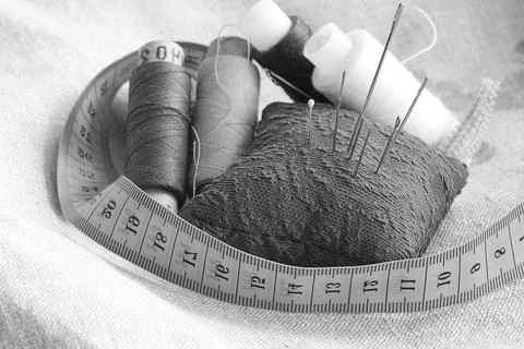 Needle thread sewing centimeter all Stock Photos