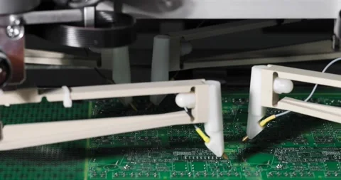 Needles touch microcircuit in machine for automatic testing of electronic board. Vídeo Stock 206785144