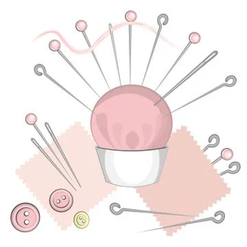 Needlework and sewing kit - pink needle bed, buttons and shreds. Tailoring is Stock Illustration