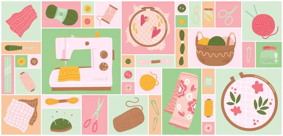 Needlework, art hobby collage set Stock Illustration