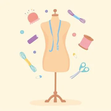 Needlework cloting mannequin with measuring tape scissors and yarn skeins Stock Illustration