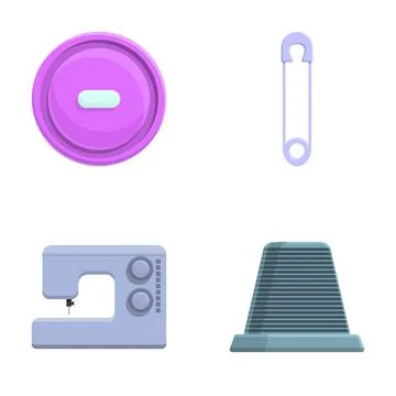 Needlework icons set cartoon vector. Sewing machine pin thimble and button Stock Illustration