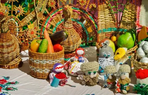 Needlework, original toys in the form of amusing dolls Stock Photos