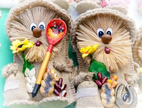 Needlework, original toys in the form of amusing dolls Stock Photos