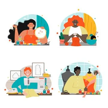 Needlework scene set vector master at work Stock Illustration