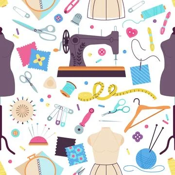 Needlework seamless pattern. Sewing machine, threads and different buttons Stock Illustration