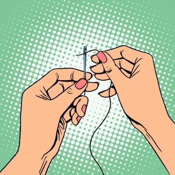Needlework seamstress threads the needle Stock Illustration