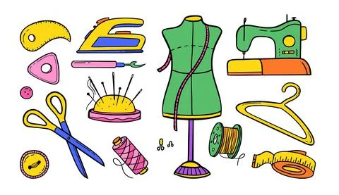 Needlework sewing knitting a large set of bright multicolored elements Hand m Stock Illustration