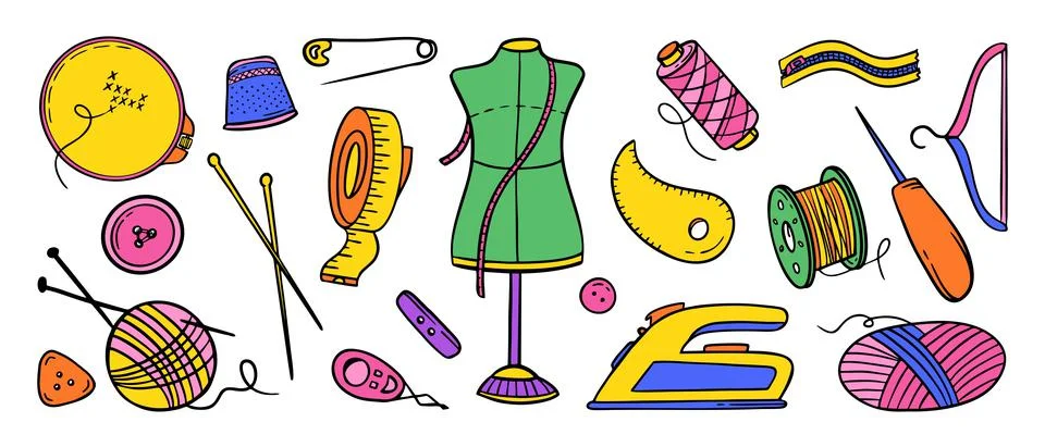 Needlework sewing knitting a large set of bright multicolored elements Hand m Stockillustratie