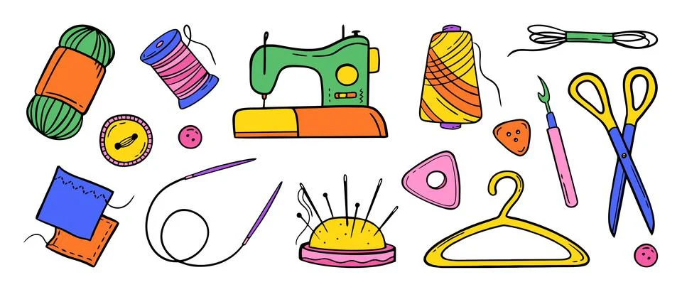 Needlework sewing knitting a large set of bright multicolored elements Hand m Stock Illustration