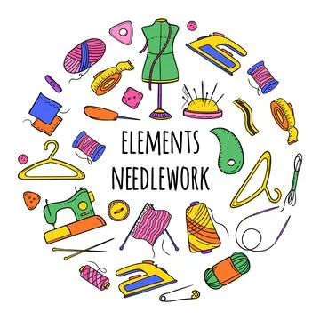 Needlework sewing knitting a large set of bright multicolored elements in the Stock Illustration