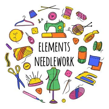 Needlework sewing knitting a large set of bright multicolored elements in the Stock Illustration