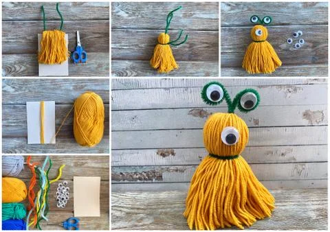 Needlework step by step, collage how to make a monster out of colored yarn. Stock Photos